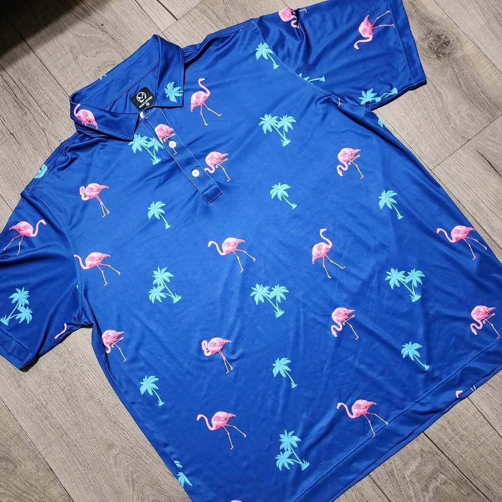 Muscleouba Men 2XL Blue Flamingo Palm Tree Tropical Golf Polo Shirt Short Sleeve